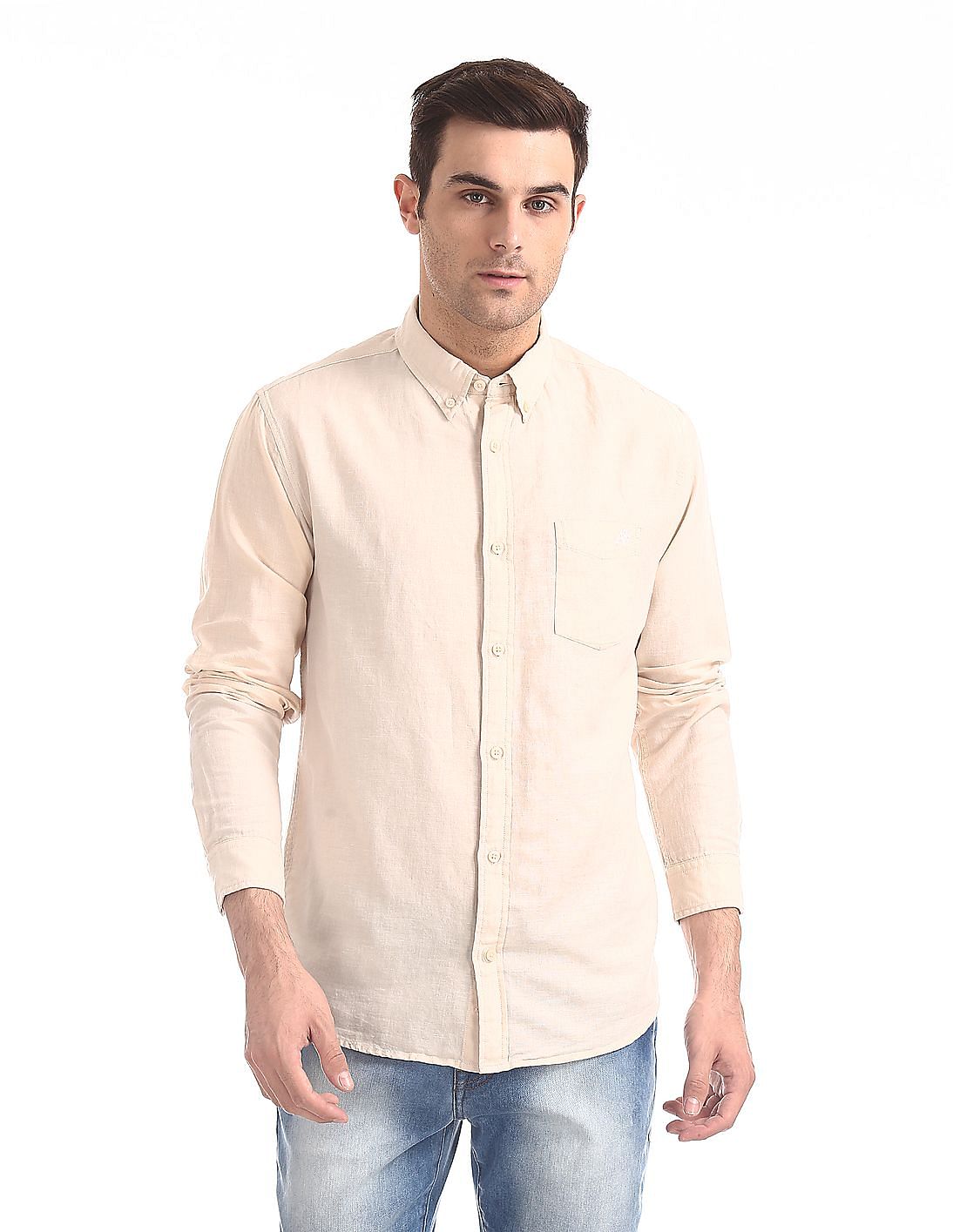 Buy Aeropostale Beige Button Down Collar Cotton Linen Shirt - NNNOW.com