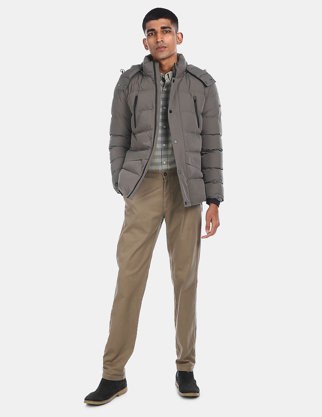 Buy U.S. Polo Assn. Men Grey Detachable Hood Quilted Puffer