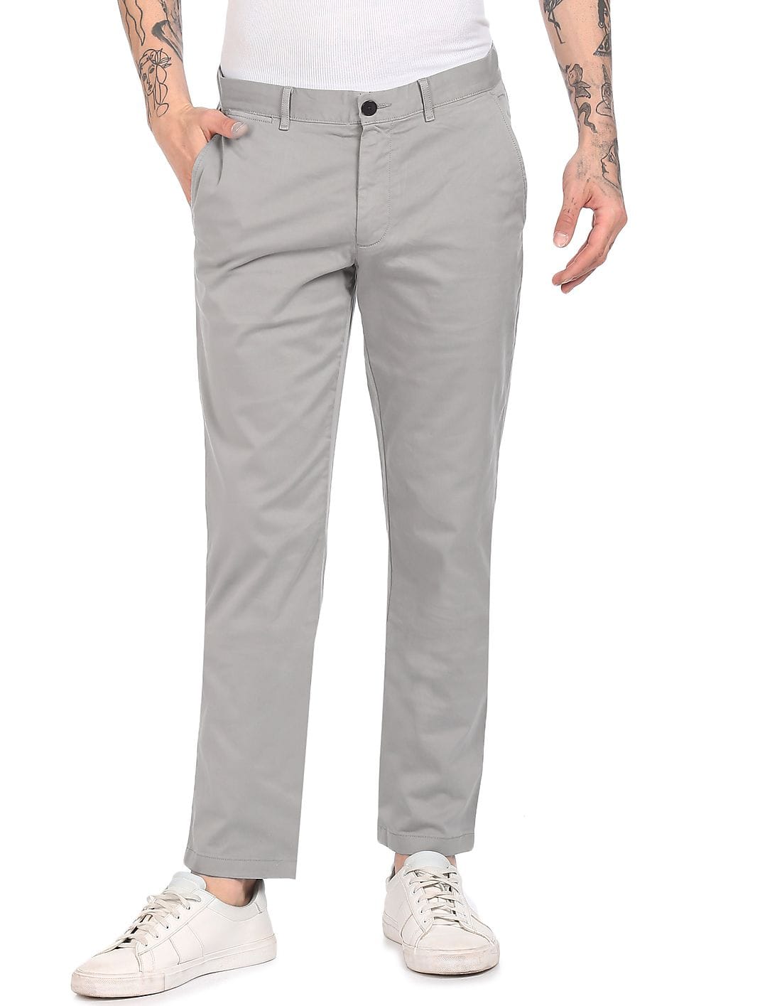Buy Tommy Hilfiger Men Grey Bleecker Slim Fit Solid Casual Trousers ...