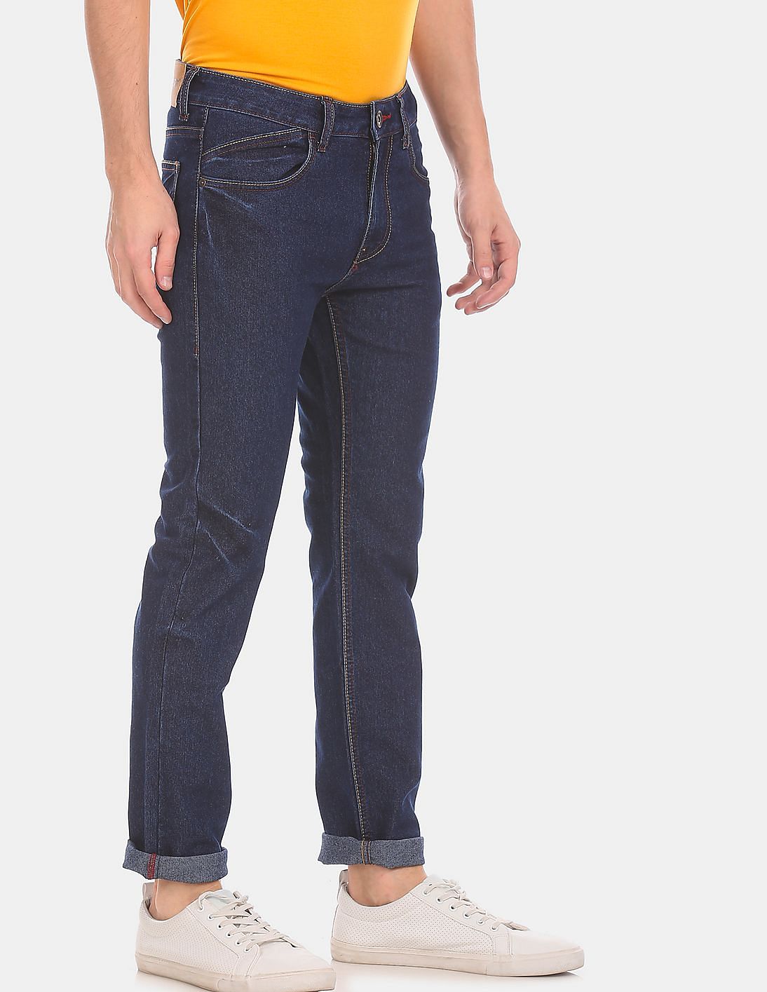 high rise dark blue jeans