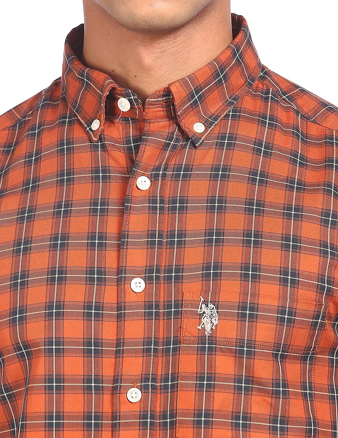 Buy . Polo Assn. Men Rust Button Down Collar Checked Shirt 