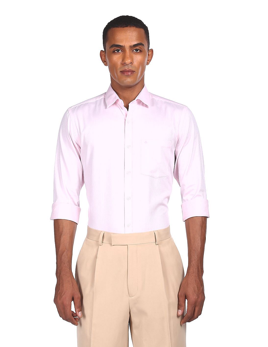 light pink shirt with khaki pants