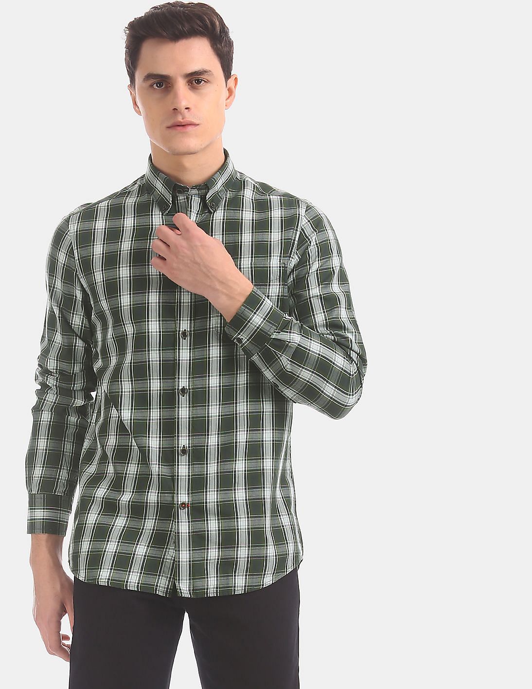 Buy Arrow Sports Men Olive Button Down Check Casual Shirt - NNNOW.com