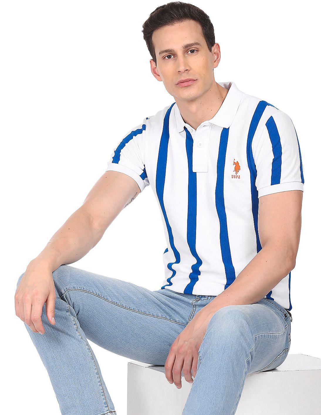 Buy Us Polo Assn Men White And Blue Cotton Vertical Stripe Polo Shirt 2779