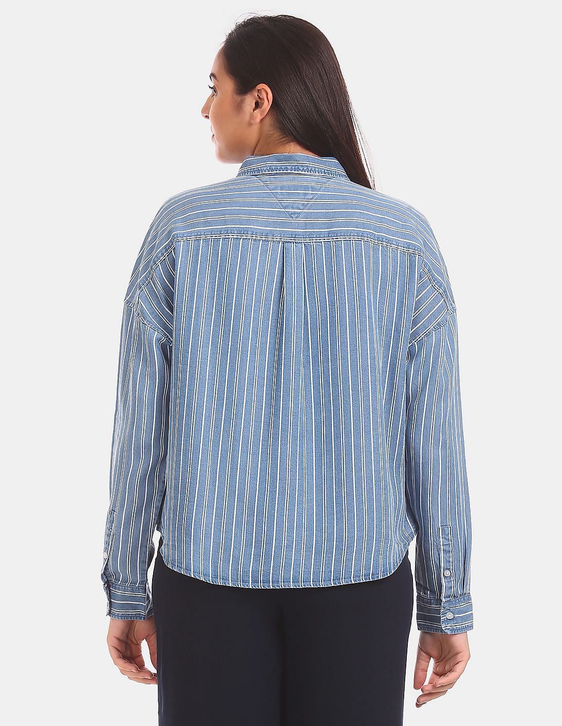 Buy Tommy Hilfiger Women Blue Striped Cropped Boxy Shirt