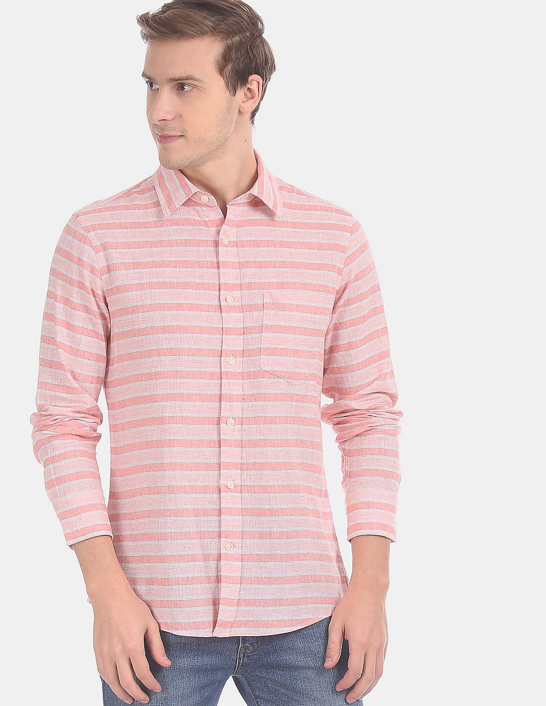 Buy U.S. Polo Assn. Men Men Pink Horizontal Stripe Patch Pocket Linen ...