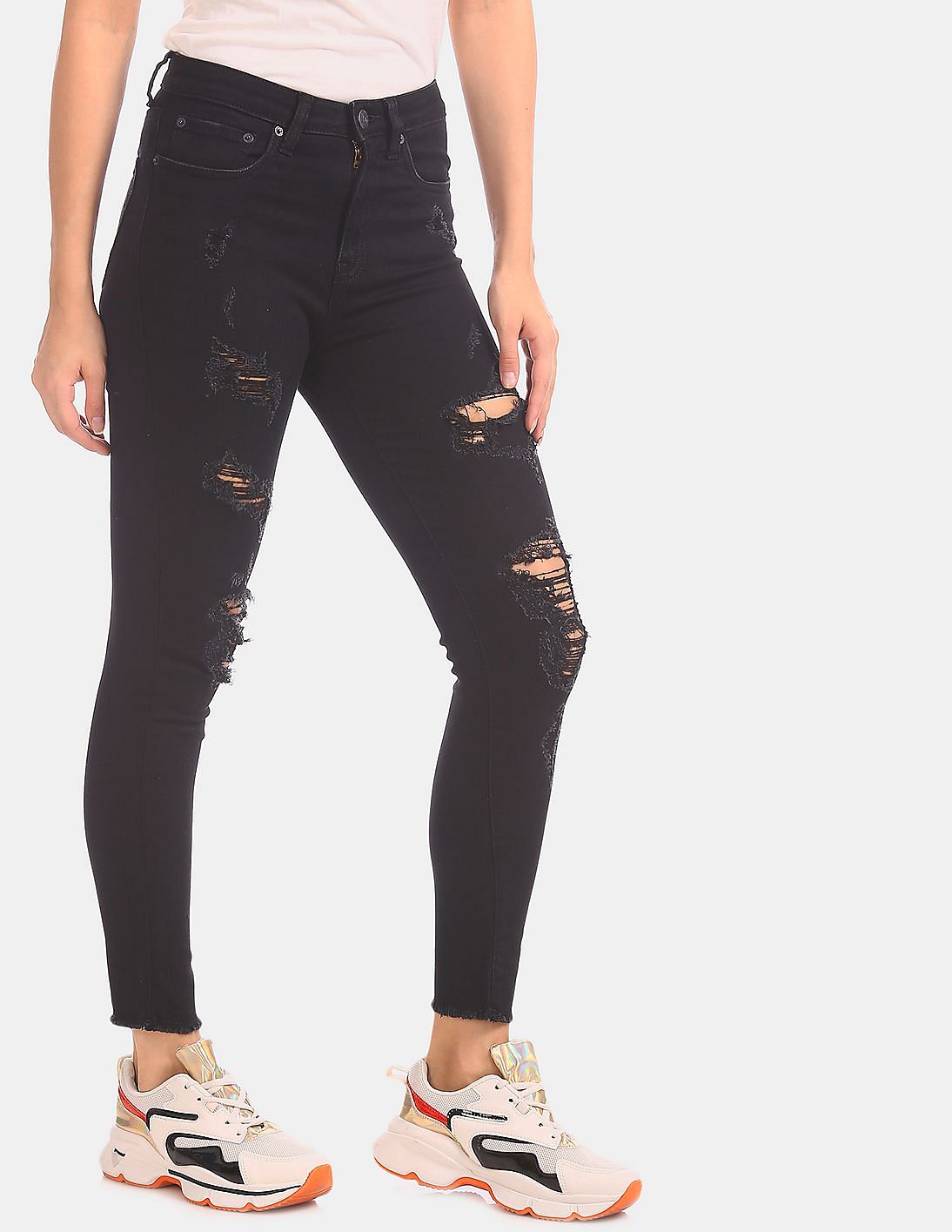 Buy Aeropostale Women Black High Waist Ripped Rinsed Jeans - NNNOW.com