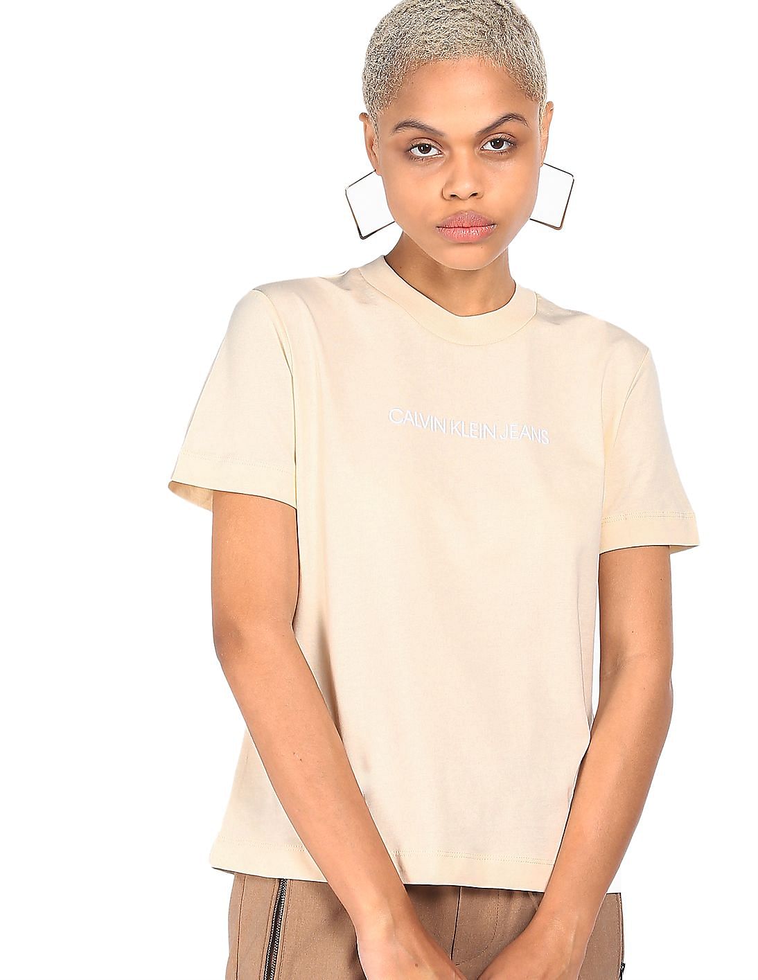 Buy Calvin Klein Women Beige Short Sleeve Logo T-Shirt 