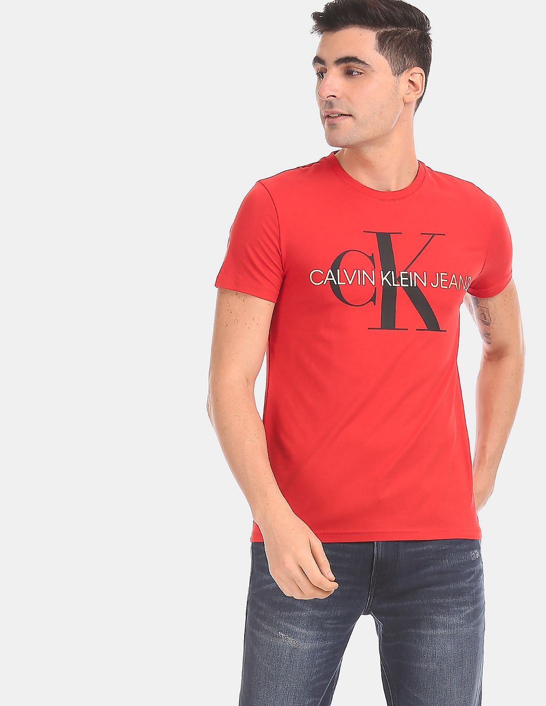 Buy Calvin Klein Men Red Crew Neck Cotton Stretch Logo T-Shirt - NNNOW.com