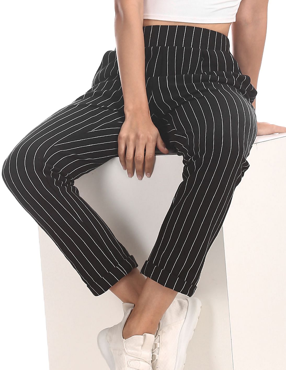 womens black striped pants