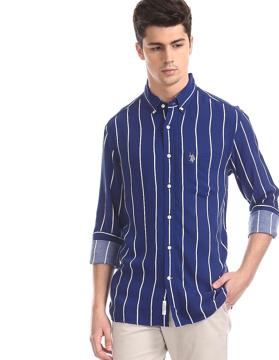 Buy Men Blue Vertical Stripe Button Down Shirt online at NNNOW.com