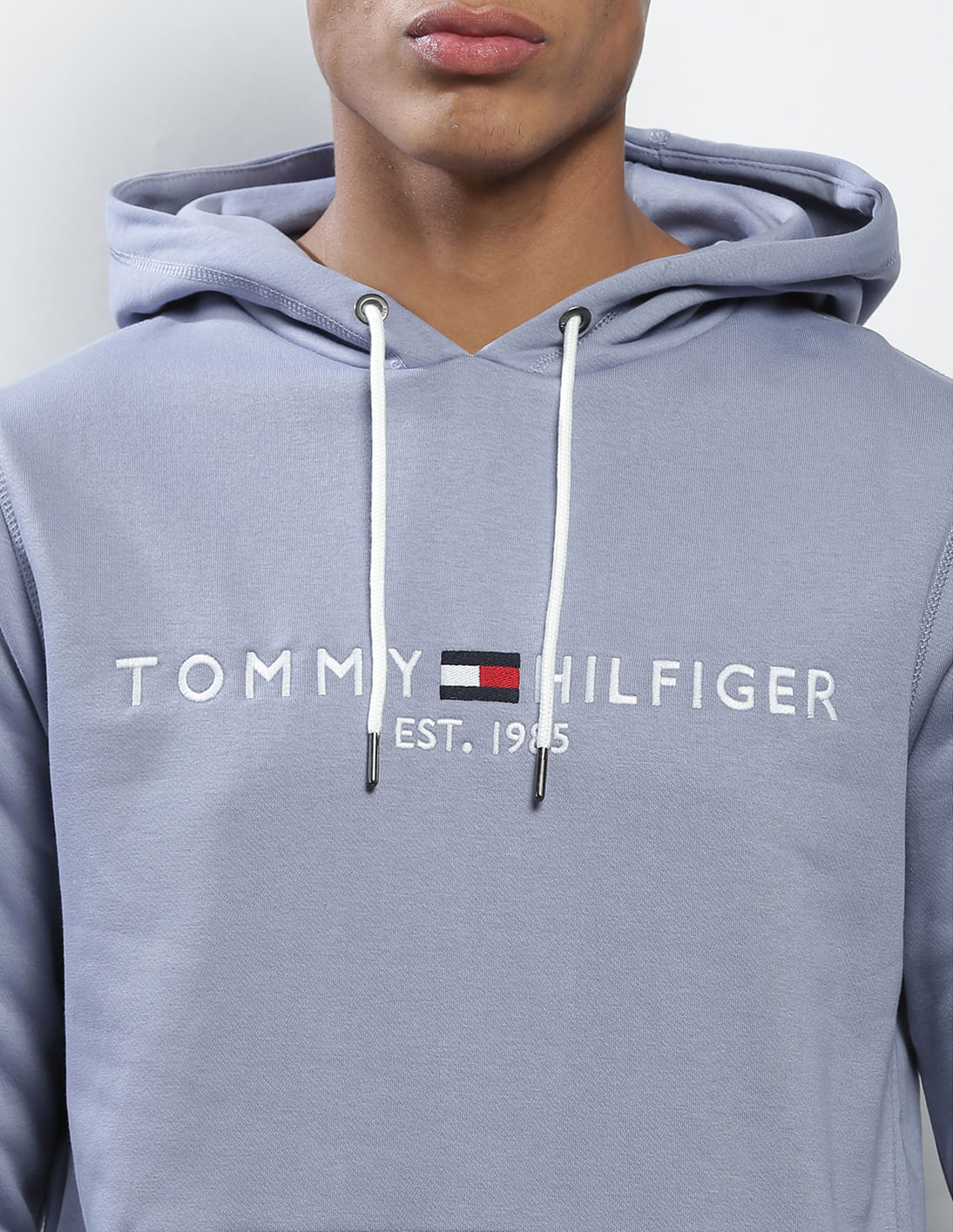 Buy Tommy Hilfiger Men Steel Blue Hooded Embroidered Logo
