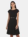 Flying Machine Women Cap Sleeve Belted Textured Dress