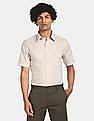 USPA Tailored Men Beige Short Sleeve Solid Formal Shirt
