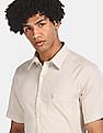 USPA Tailored Men Beige Short Sleeve Solid Formal Shirt