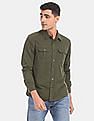 Calvin Klein Men Olive Cotton Twill Utility Double Flap Pocket Casual Shirt