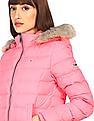Tommy Hilfiger Women Pink Long Sleeve Solid Detachable Fur Hood Jacket