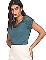 Aeropostale Women Teal Round Neck Crochet Insert Top